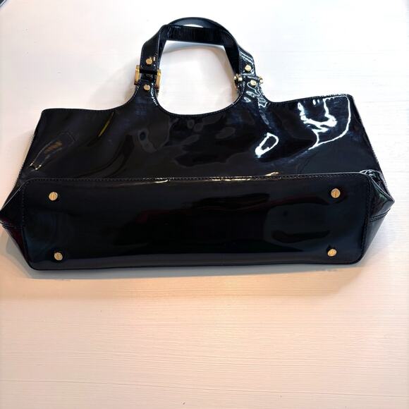 Tory Burch Perforated Logo Black Patent Leather Bombe Large Tote Handbag Purse - Picture 5 of 10